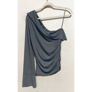 Zara Top Womens Medium Gray One Sleeve Ruched Mesh Asymmetrical Sheer Drapey